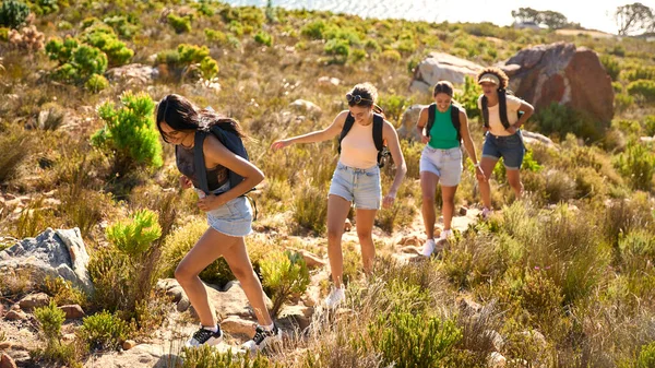 Gruppe Von Freundinnen Mit Rucksäcken Urlaub Auf Einer Wanderung Durch — Stockfoto