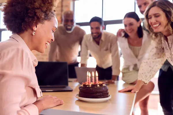 Staff Celebrating Birthday Female Colleague Multi Cultural Office Cake — Stock Photo, Image