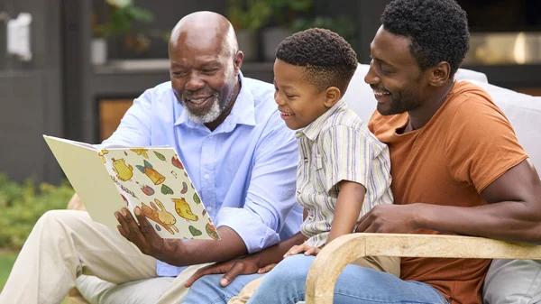 Sorrindo Multi Geração Masculino Família Livro Leitura Jardim Juntos — Fotografia de Stock