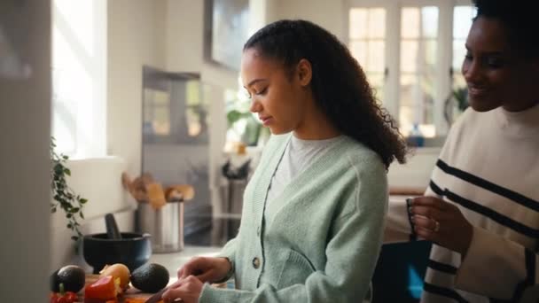 Reife Mutter Umarmt Teenager Tochter Hause Während Sie Der Küche — Stockvideo