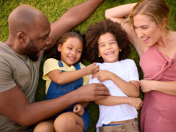 草のくねる子供に横たわる多人種家族のオーバーヘッドショット — ストック写真