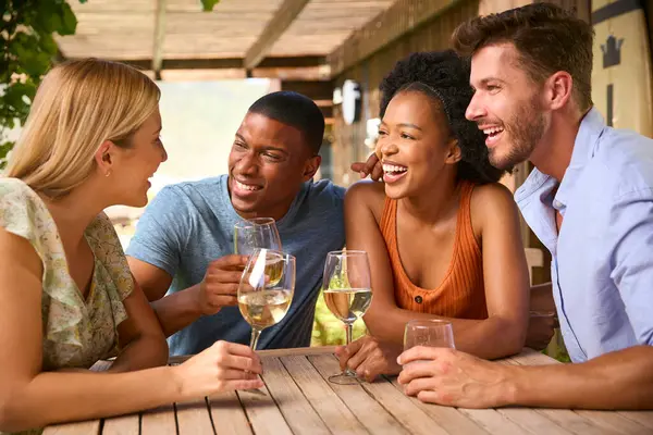 Grupp Leende Multi Kulturella Vänner Utomhus Hemma Dricka Vin Tillsammans — Stockfoto