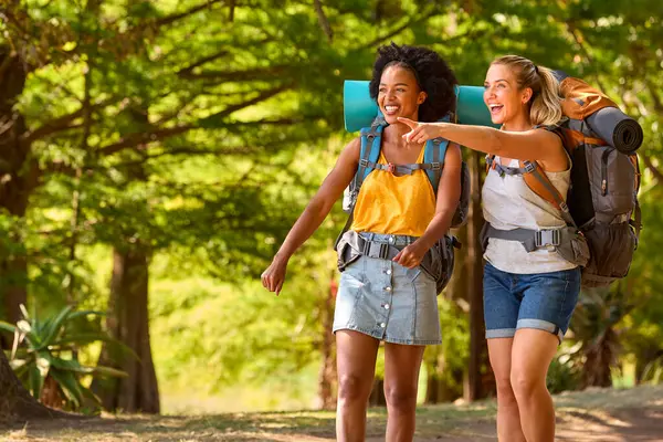 Zwei Freundinnen Mit Rucksäcken Urlaub Wandern Gemeinsam Durchs Land — Stockfoto