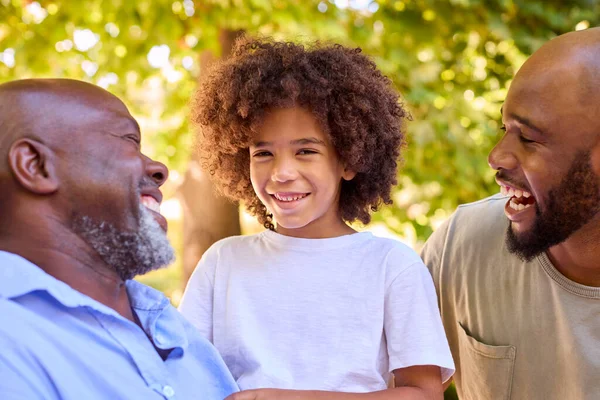 Portret Van Glimlachende Multi Generatie Mannelijke Familie Tuin Samen — Stockfoto