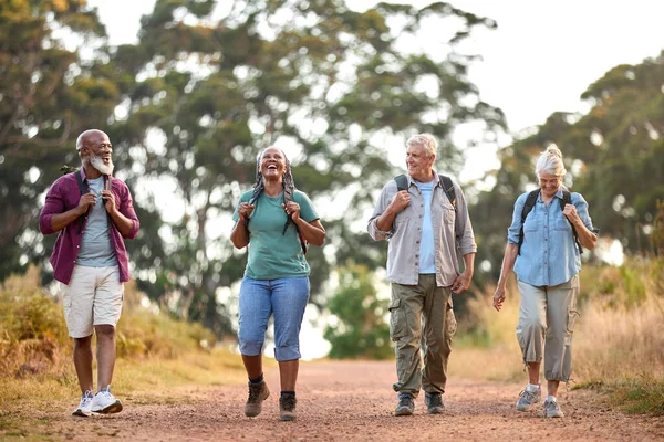 Gruppe Aktiver Senioren Genießt Gemeinsame Wanderung Durch Die Landschaft — Stockfoto
