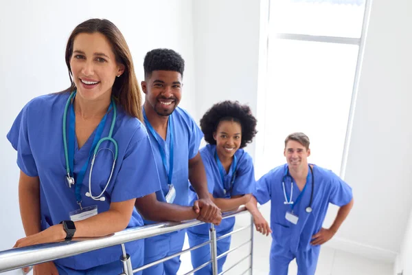 Portrait Multi Cultural Medical Team Wearing Scrubs Standing Stairs Hospital — Stock Photo, Image
