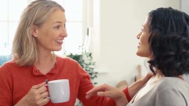 同性成熟的女伴一起喝咖啡 一起在厨房里聊天 动作缓慢 — 图库视频影像
