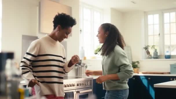 Yetişkin Bir Anne Genç Bir Kız Mutfakta Birlikte Dans Ediyor — Stok video