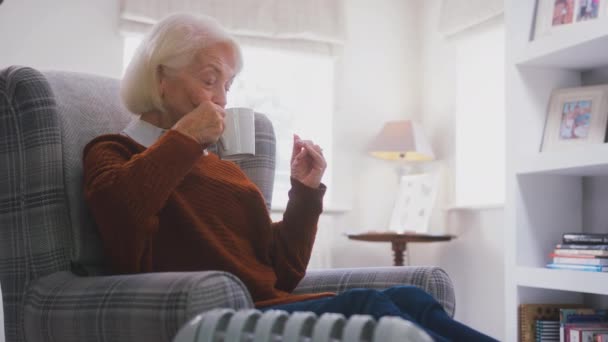 老妇人坐在扶手椅上 坐在家里的便携式散热器旁 热饮慢动作 — 图库视频影像