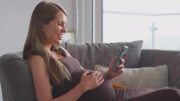 Έγκυος Γυναίκα Χαλαρώνοντας Στον Καναπέ Στο Σπίτι Κοιτάζοντας Κινητό Τηλέφωνο — Αρχείο Βίντεο