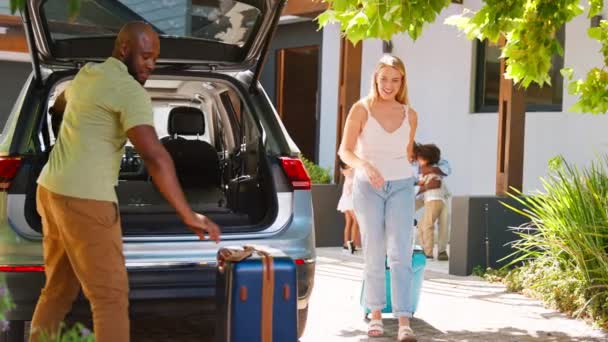 Family Loading Luggage Car Saying Goodbye Grandparents Visit Shot Slow — Stock Video