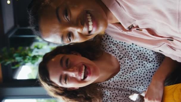 Κατακόρυφο Βίντεο Δύο Νεαρές Φίλες Συναντιούνται Στην Καφετέρια Και Ποζάρουν — Αρχείο Βίντεο