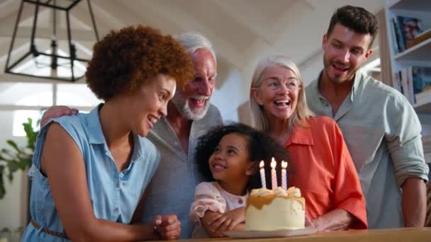Multi Generation Family Celebrate Granddaughter Birthday Home Cake Singing Happy — Stock Video