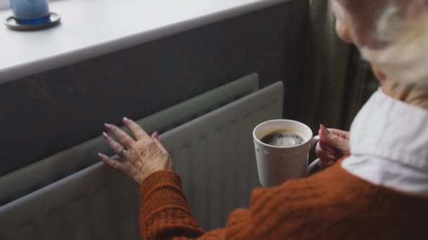 Besorgte Seniorin Sitzt Rollstuhl Und Sitzt Hause Heizkörper Sich Warm — Stockvideo