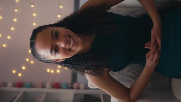 Vertical Video Portrait Laughing Teenage Girl Home Bedroom Sitting Mirror — Stockvideo