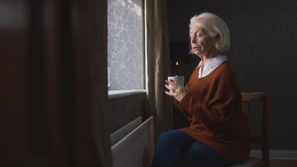 Mulher Sênior Sentada Radiador Casa Tentando Aquecer Durante Energia Custo — Vídeo de Stock