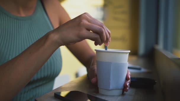 Close Woman Sitting Window Coffee Shop Stirring Hot Drink Spoon — Stock Video