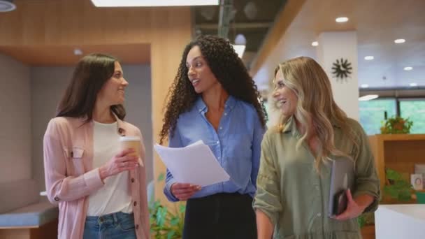 Three Female Business Colleagues Walking Open Plan Office Hot Drinks — Stock Video