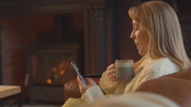 Frau Sitzt Hause Auf Sofa Vor Gemütlichem Kaminfeuer Mit Heißgetränk — Stockvideo