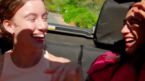 在平板车上的女性朋友们在穿越乡村的路上大笑的垂直录像 他们在慢镜头中相互击出了5杆的高光 — 图库视频影像