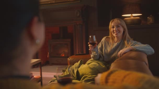 ソファーでリラックスし 居心地の良い火の前でワインを飲む2人の女性の友人 — ストック動画