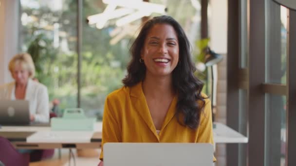 Portrait Mature Businesswoman Working Laptop Desk Modern Office Smiling Shot — Stock Video