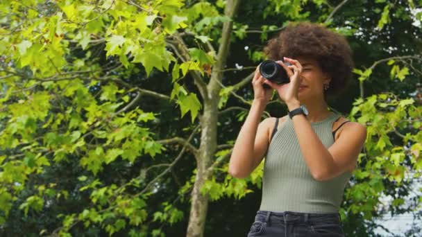 Primer Plano Mujer Que Toma Fotos Parque Ciudad Cámara Réflex — Vídeos de Stock