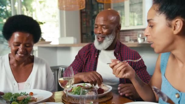 Familie Mit Älteren Eltern Und Erwachsenen Sprösslingen Sitzen Hause Tisch — Stockvideo
