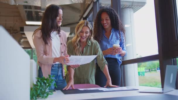 Мультикультурная Женская Бизнес Команда Собирается Столом Современном Офисе Рассмотреть Доказательства — стоковое видео