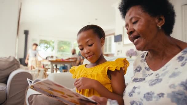 Бабуся Онука Сидять Читати Книгу Дивані Вдома Сім Багато Поколінь — стокове відео