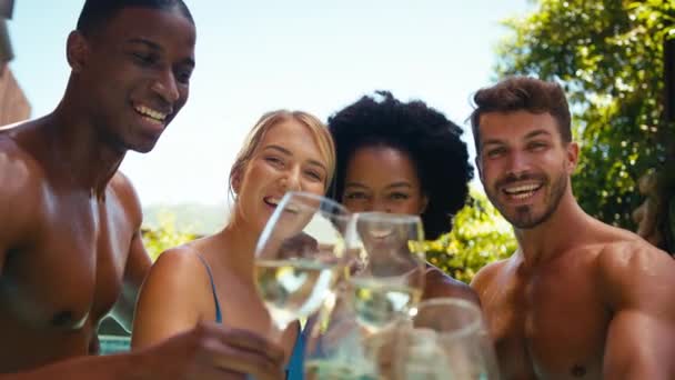 Χαμογελώντας Ομάδα Φίλων Στις Διακοπές Στην Πισίνα Πίνοντας Κρασί Και — Αρχείο Βίντεο