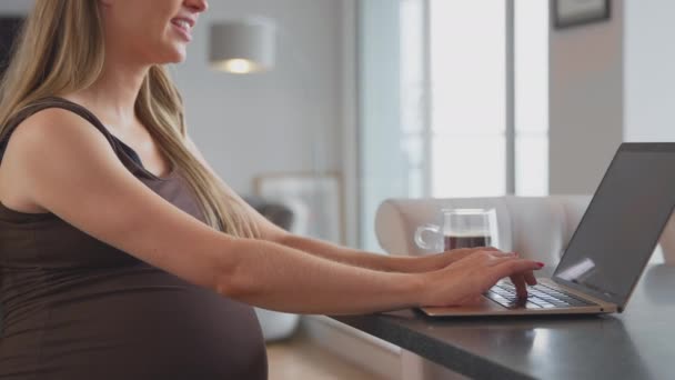 Close Pregnant Woman Working Home Laptop Touching Her Stomach Shot Video Clip