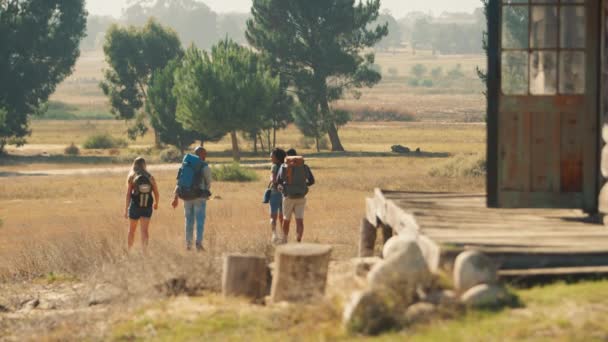 Sırt Çantalı Bir Grup Arkadaşın Kırsal Alanda Yürüyüş Yapmasının Arka — Stok video