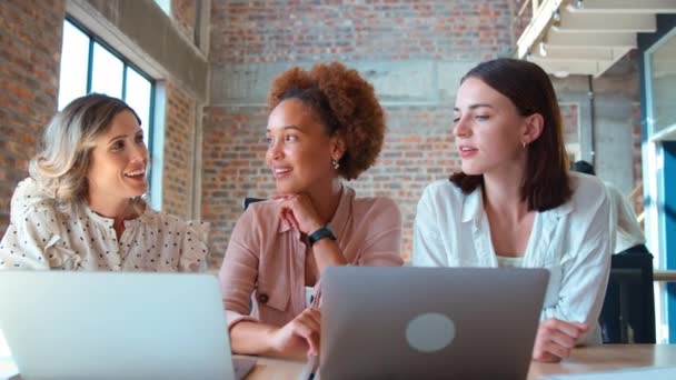 Business Team Multiculturale Femminile Che Riunisce Attorno Laptop Ufficio Moderno — Video Stock