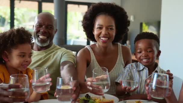 Yemekte Masada Oturan Çok Nesilli Aile Kameraya Doğru Bardaklarıyla Tezahürat — Stok video