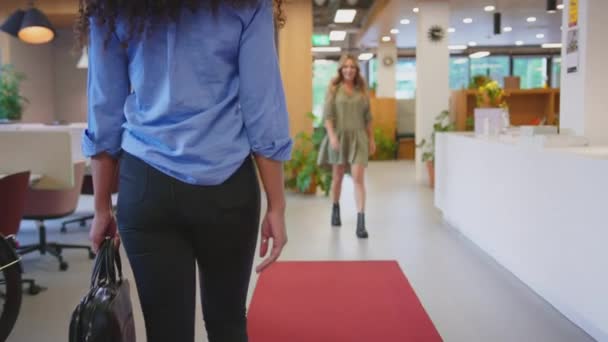 Two Businesswomen Meeting Shaking Hands Modern Open Plan Office Shot — Stock Video