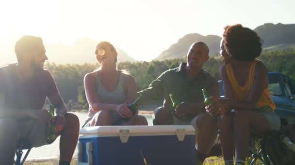 Group Friends Backpacks Pick Truck Road Trip Drinking Beer Cooler — Stock Video