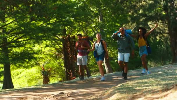 Група Друзів Рюкзаками Пішохідній Відпустці Сільській Місцевості Знімається Повільному Русі — стокове відео