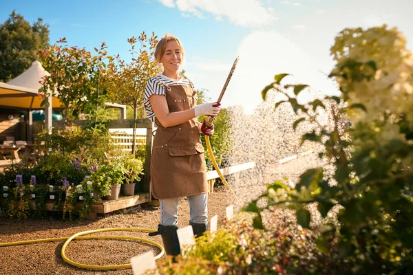 Frau Arbeitet Freien Gartencenter Und Gießt Pflanzen — Stockfoto