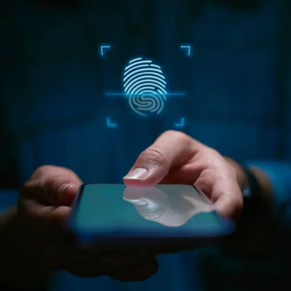 Close Woman Using Mobile Phone Biometric Fingerprint Scan Overlay — Stock Photo, Image