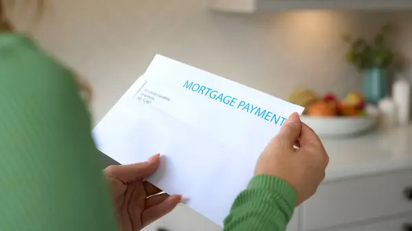Close Woman Opening Letter Increase Repayment Mortgage Cost Living Crisis — Stock Photo, Image