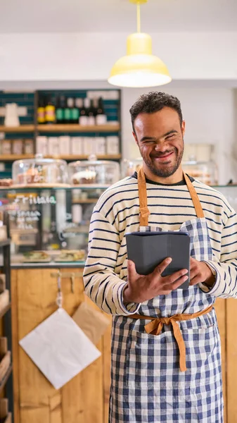 Portrait Man Syndrome Working Food Shop Using Digital Tablet — Stock Photo, Image