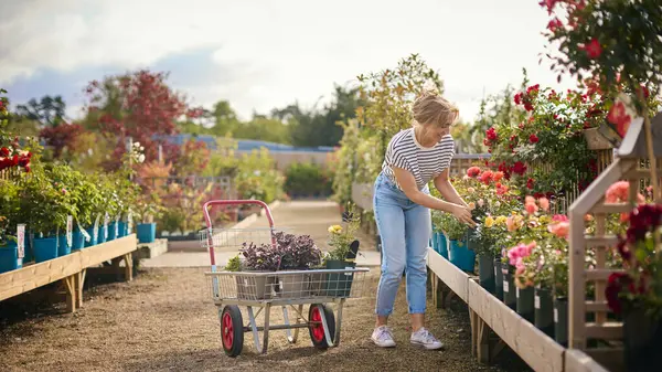 Vrouw Met Trolley Buiten Tuin Centrum Kiezen Planten Het Kopen — Stockfoto