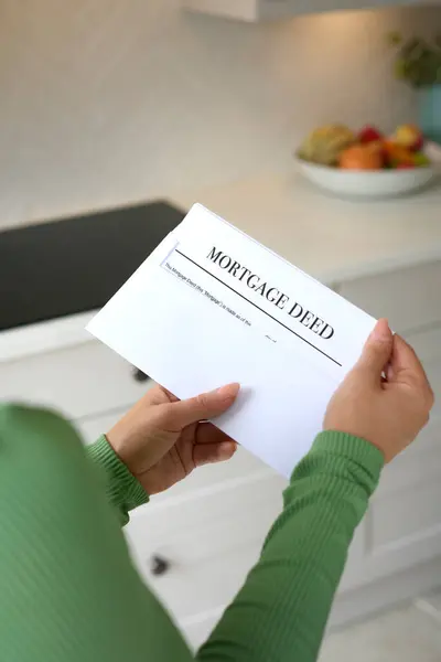 Close Woman Opening Letter Containing House Mortgage Deed — Stock Photo, Image