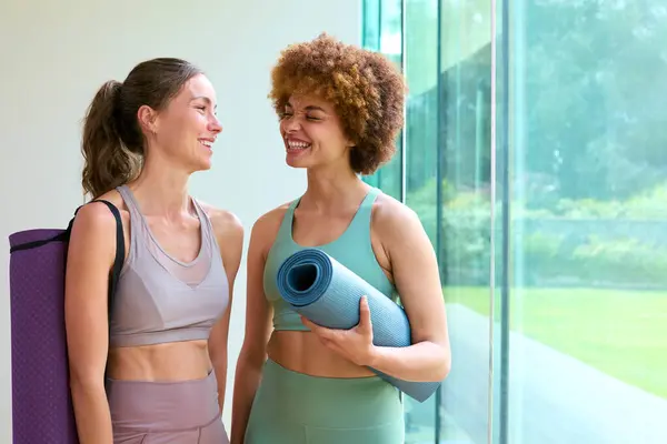 两名穿着运动服的女子在健身馆或瑜伽工作室举行体操会的肖像 — 图库照片