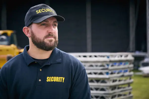 Male Security Team Member Outdoors As Stage For Music Festival Or Concert Is Set Up