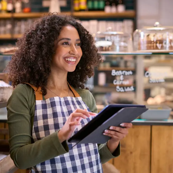Smiling Young Woman Wearing Apron Working Food Shop Using Digital — Stock Photo, Image
