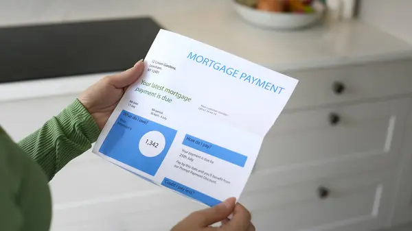 Close Woman Opening Mortgage Statement Higher Rate Cost Living Crisis — Stock Photo, Image