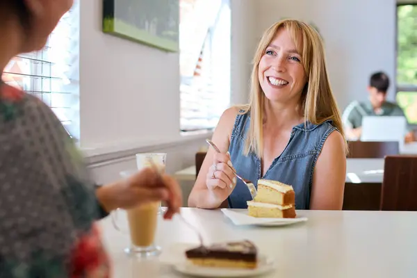 コーヒーとケーキの友人とカフェで会う2人の女性の友人 ストック写真