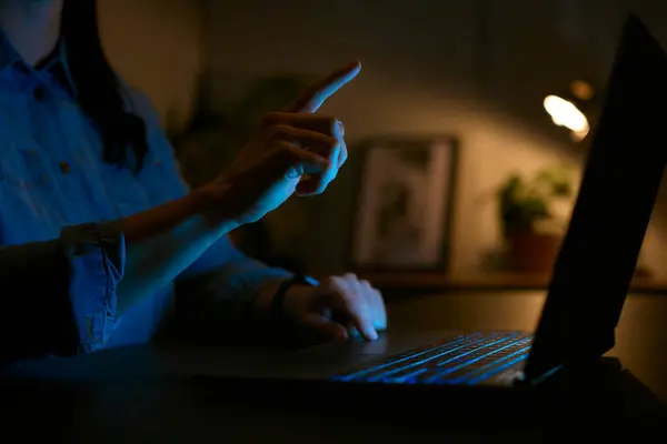 Close Woman Using Laptop Home Night Finger Reaching Out Touch — Stock Photo, Image